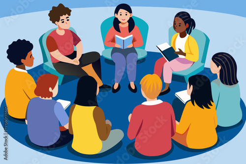 Diverse group of people sitting in a circle, engaged in a discussion or support group session, with some holding books