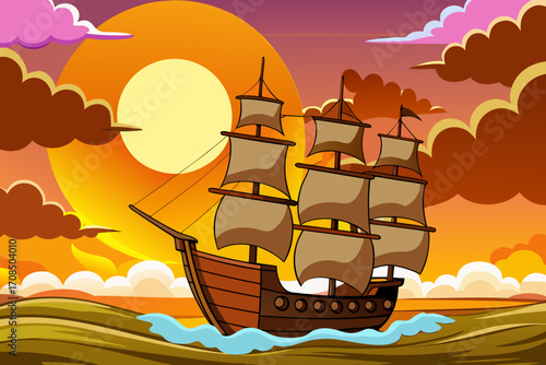 A majestic wooden sailing ship with three sails navigates the wavy ocean during a vibrant sunset with dramatic clouds and a large sun