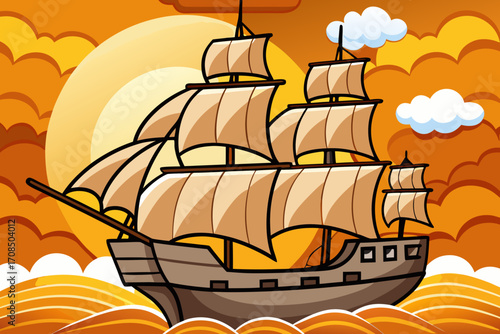 A majestic tall ship with full sails navigates the ocean waves under a vibrant orange sky with a large sun and fluffy clouds, evoking adventure and exploration