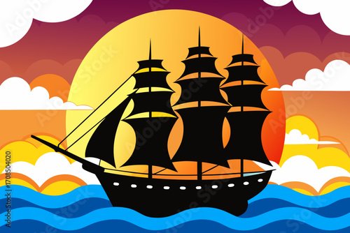 A majestic silhouette of a threemasted sailing ship glides across the ocean waves under a vibrant sunset sky with dramatic clouds