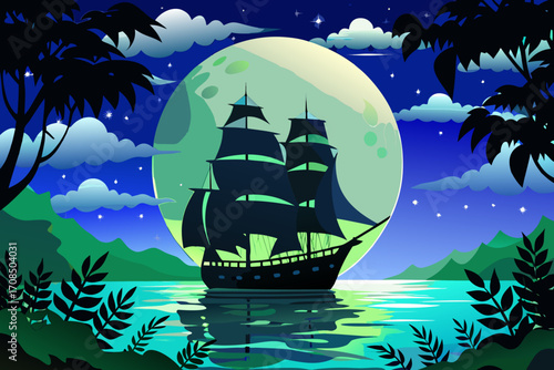 A majestic pirate ship sails across a calm sea under a large, luminous full moon, with silhouetted trees and mountains in the background