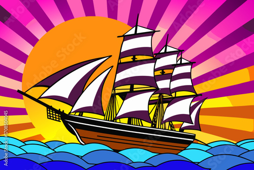 A majestic tall ship with white sails navigates the vibrant, wavy ocean under a dramatic, colorful sunburst sky