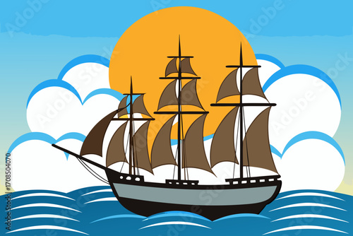 A majestic sailing ship with full sails navigates the vast ocean under a bright sun and fluffy clouds, evoking a sense of adventure and exploration