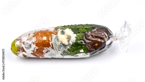 Wallpaper Mural Decomposing pickle in plastic wrap, displaying mold and discoloration on white backdrop Torontodigital.ca
