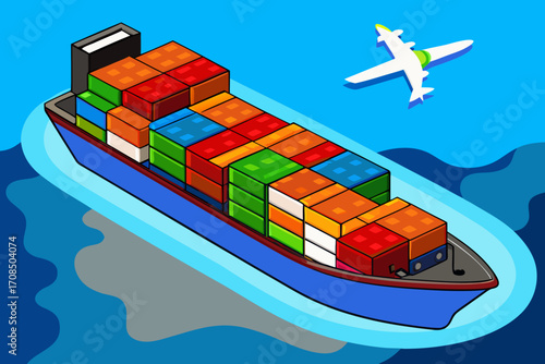 A large cargo ship filled with colorful containers sails on the blue ocean, while a small airplane flies in the sky above