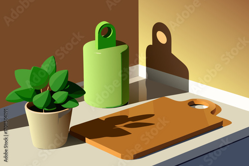 A still life composition featuring a potted plant, a green bottle, and a wooden cutting board casting shadows on a countertop