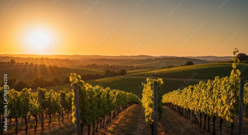 Naklejka premium Vineyard rows stretch into a sun-drenched landscape at sunrise. Golden light bathes rolling hills, with vibrant green grapevines in the foreground
