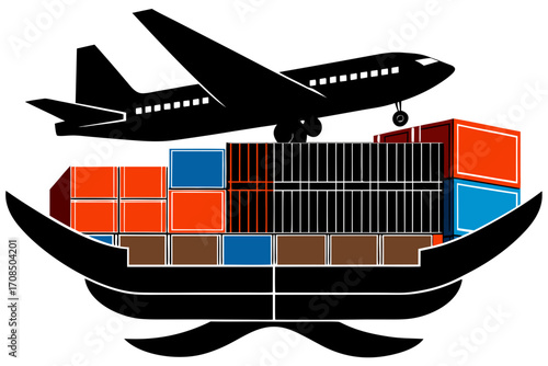 Cargo airplane flying over a ship loaded with shipping containers, symbolizing global logistics and transportation services