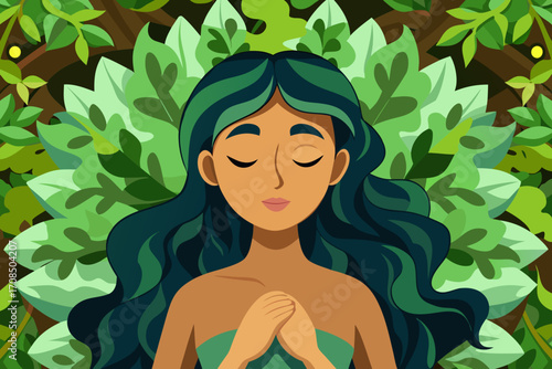 Illustration of a serene woman with closed eyes and hands on her chest, surrounded by lush green foliage, symbolizing nature and peace