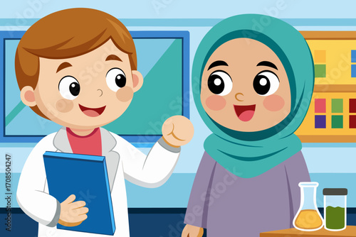A doctor in a white coat holding a blue folder talks to a young girl wearing a hijab in a medical setting with lab equipment on a table