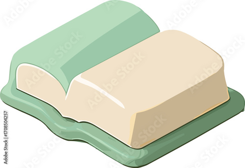 open book illustration in soft green and beige tones, symbolizing learning, reading, and education.isometric style