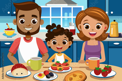 A happy family of three, a father, mother, and daughter, enjoying a meal together at a kitchen table with food and drinks