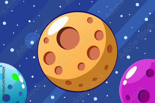 Cartoon yellow planet with craters in outer space with stars and other planets in the background, digital art