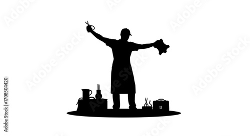 Skilled artisan proudly displays craftsmanship with tools and leather, celebrating their trade success.