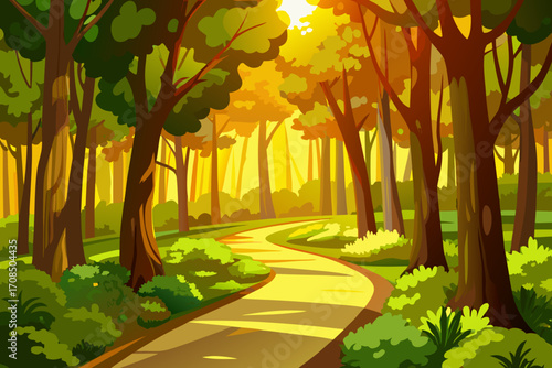 A winding path through a sundappled forest with vibrant green foliage and tall trees casting long shadows as sunlight streams through the canopy