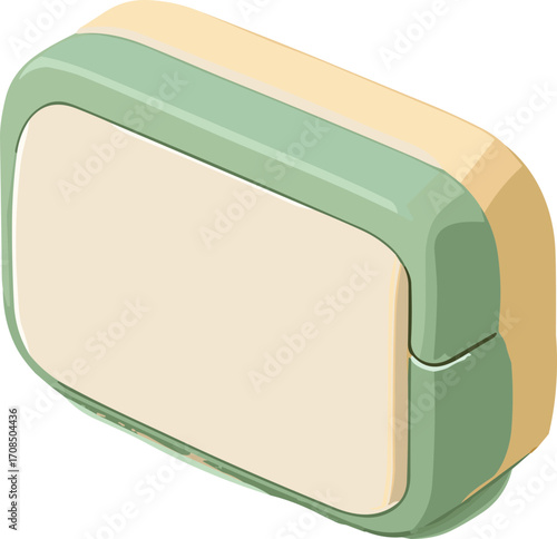 rectangular eraser with rounded edges, featuring beige and green sides.isometric style