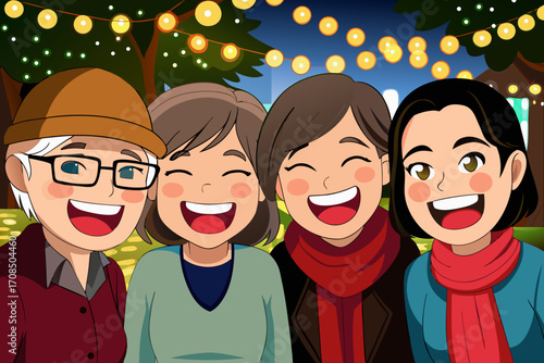 A diverse group of four friends or family members laughing together outdoors at night with string lights in the background
