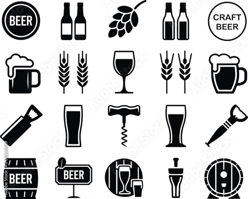 Beer icons set, craft beer illustrations, brewery symbols, alcohol drink silhouettes, bar and pub elements, beverage tools, hops, mugs