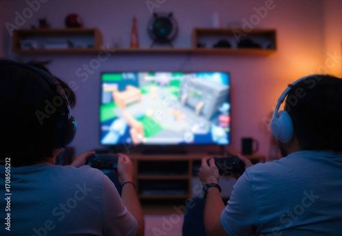 Men playing video games on tv in room, ai generated