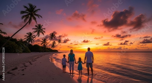Family Silhouette on Tropical Beach at Sunset with Vibrant Sky and Palm Trees
