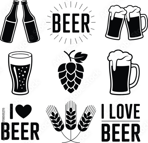 Beer vector icons set, beer mugs, beer bottles, hops, barley, beer glass, I love beer, craft drink symbols