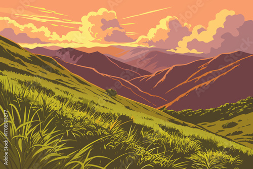 Green mountains and hills covered in mist in a valley at sunrise