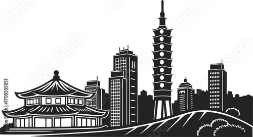 Vector art of silhouette of a generic asian cityscape featuring traditional and modern architecture and a pagoda