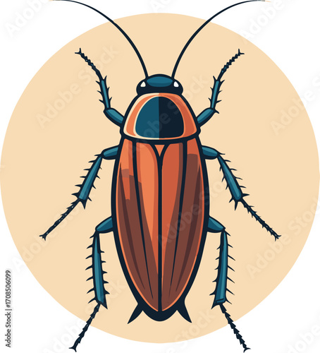 Cartoon Cockroach Insect Top View Isolated on Beige Circle Background