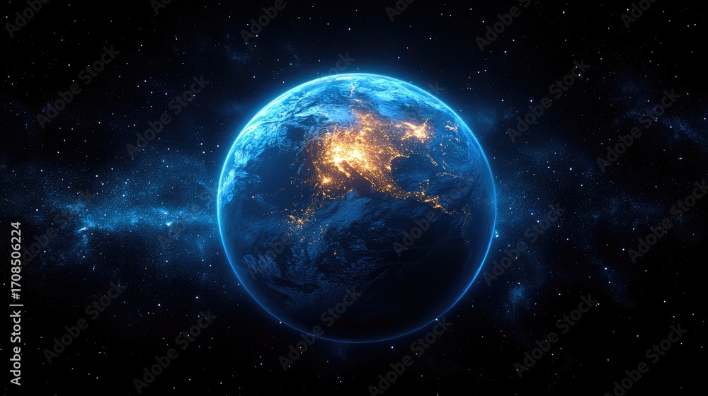 Fototapeta premium Earth from Space, Night, City Lights, Milky Way Background