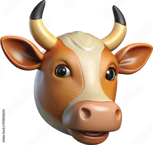 Cute Cartoon Cow Head with Horns Isolated on White Background