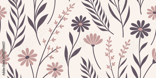 Seamless wild meadow flower vector pattern in hand-drawn sketch style with soft pastel palette, repeatable tile for textiles