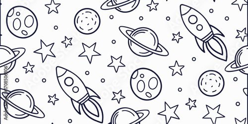Seamless space doodle vector pattern with stars, moons, comets, planets, and rockets in thin black line art on white background