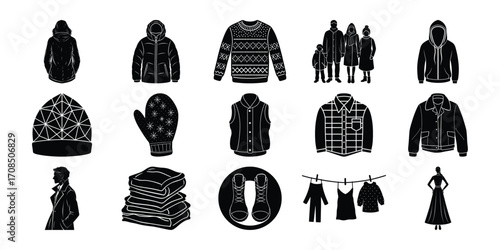 Winter Clothing Icons Black and White Illustrations