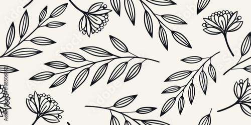 Seamless botanical vector pattern with hand-drawn leaves, flowers, and branches in vintage monochrome sketch style on white background