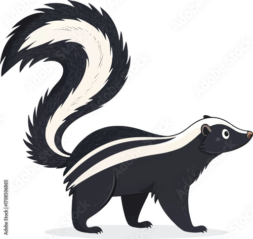 Cartoon Skunk with Fluffy Tail Standing Side View Isolated on White Background