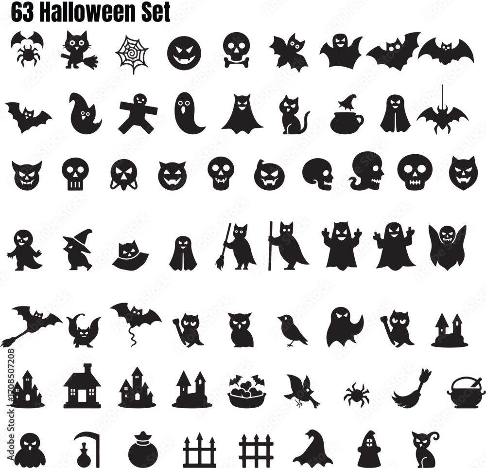 Fototapeta premium 63 Halloween Flat Icon Set - Spooky Vector Graphics for Design Projects