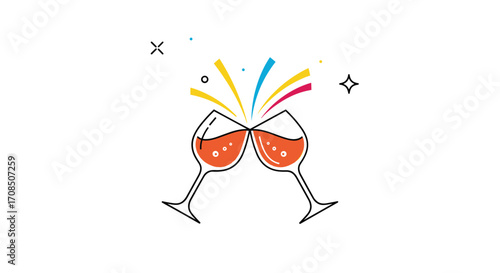 Two wine glasses clinking together with confetti and stars.