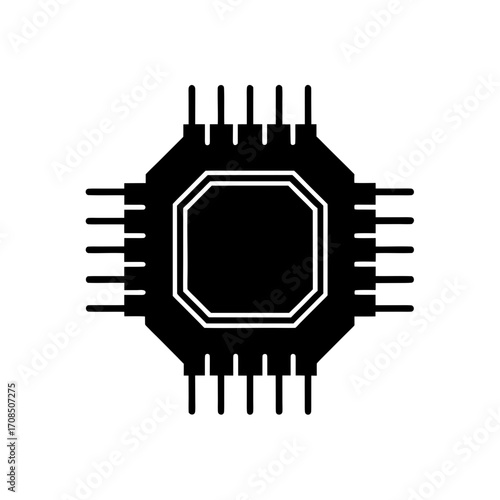 Illustration of a black computer chip icon on transparent background