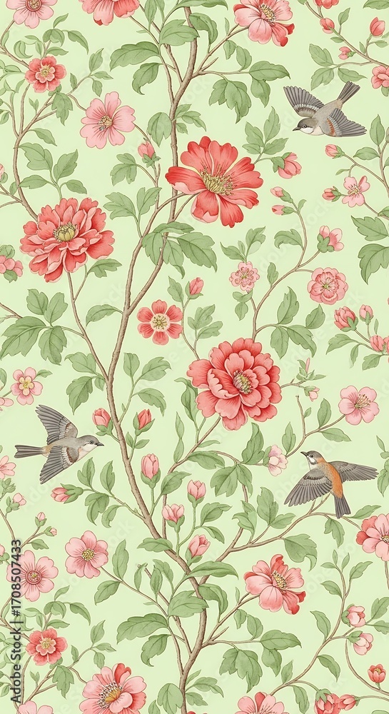Fototapeta premium Floral Pattern with Birds Seamless Vintage Style Background for Textile Design and Wallpaper