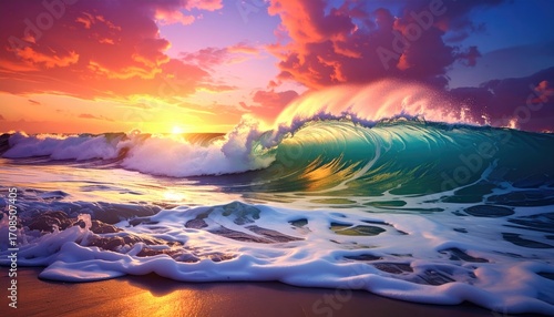 Vivid Ocean Wave Crashing at Sunset with Orange and Purple Sky Smooth Sand Beach Sparkling Water Abstract Seascape Golden Hour Serene Nature Scene