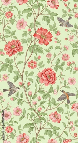 Floral Pattern with Birds Seamless Vintage Style Background for Textile Design and Wallpaper