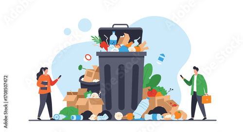 Two people stand near an overflowing garbage bin with trash spilling out around it.