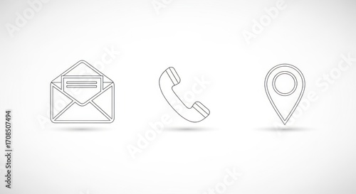 Minimalist Icons: Envelope, Phone, and Location Pin with Soft Shadows on White Gradient Background