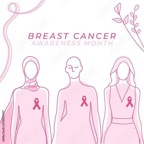 Women wearing a pink ribbon. Breast cancer awareness poster. Banner, background, card. Solidarity, support, togetherness, union, and help concept. Vector illustration.