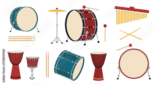 A collection of various percussion instruments used in musical ensembles.