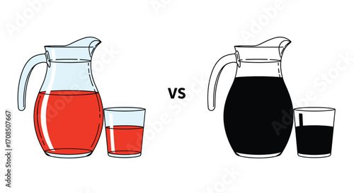 Comparing the appearance of two different colored beverages in pitchers and glasses.