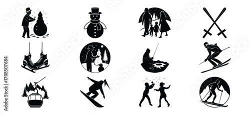 Winter Sports and Holiday Activities Silhouette Icons Set
