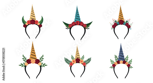 Collection of six floral unicorn headbands with colorful horns and decorations.