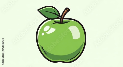 Vibrant Green Apple Illustration with Bold Outlines and Glossy Highlights on a Pale Background