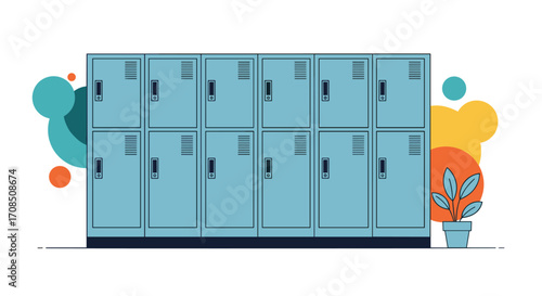 A row of blue lockers stands against a white background.